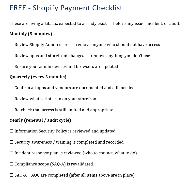 FREE - Shopify Credit Card Compliance Checklist